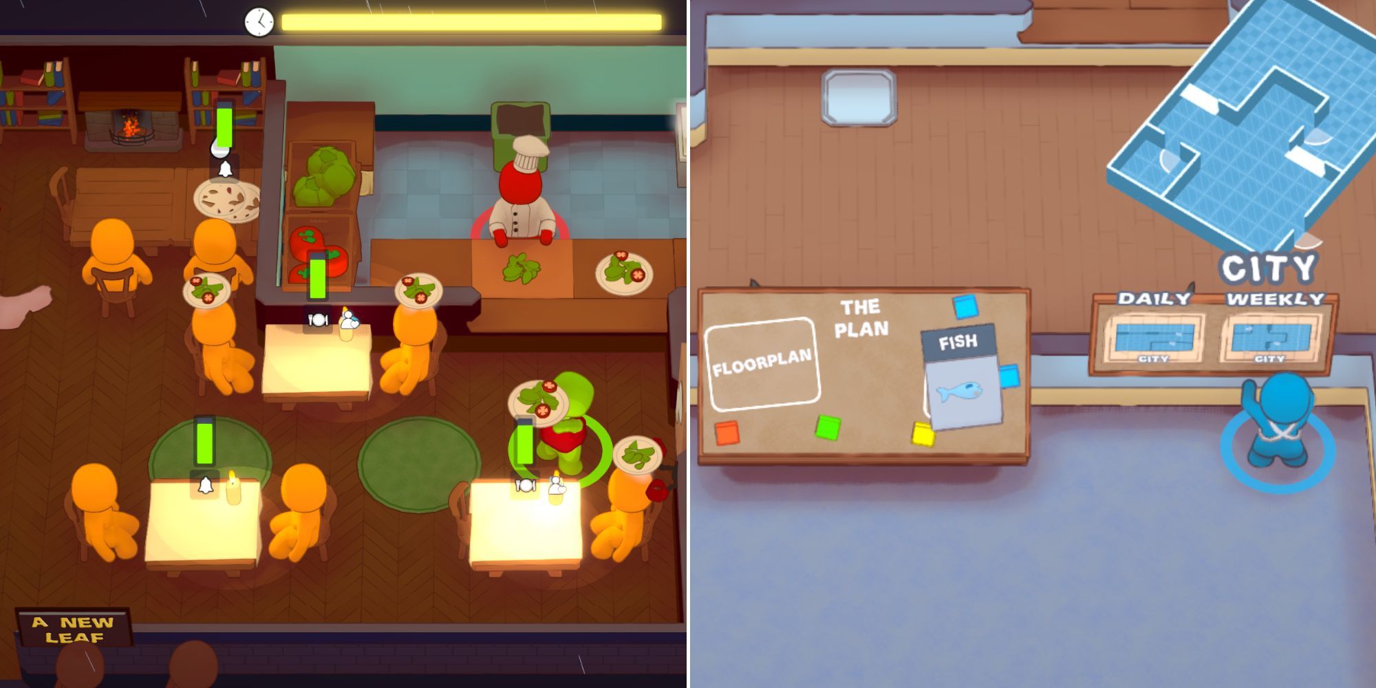 A busy restaurant serving Salad and the game lobby with a player selecting a layout in PlateUp