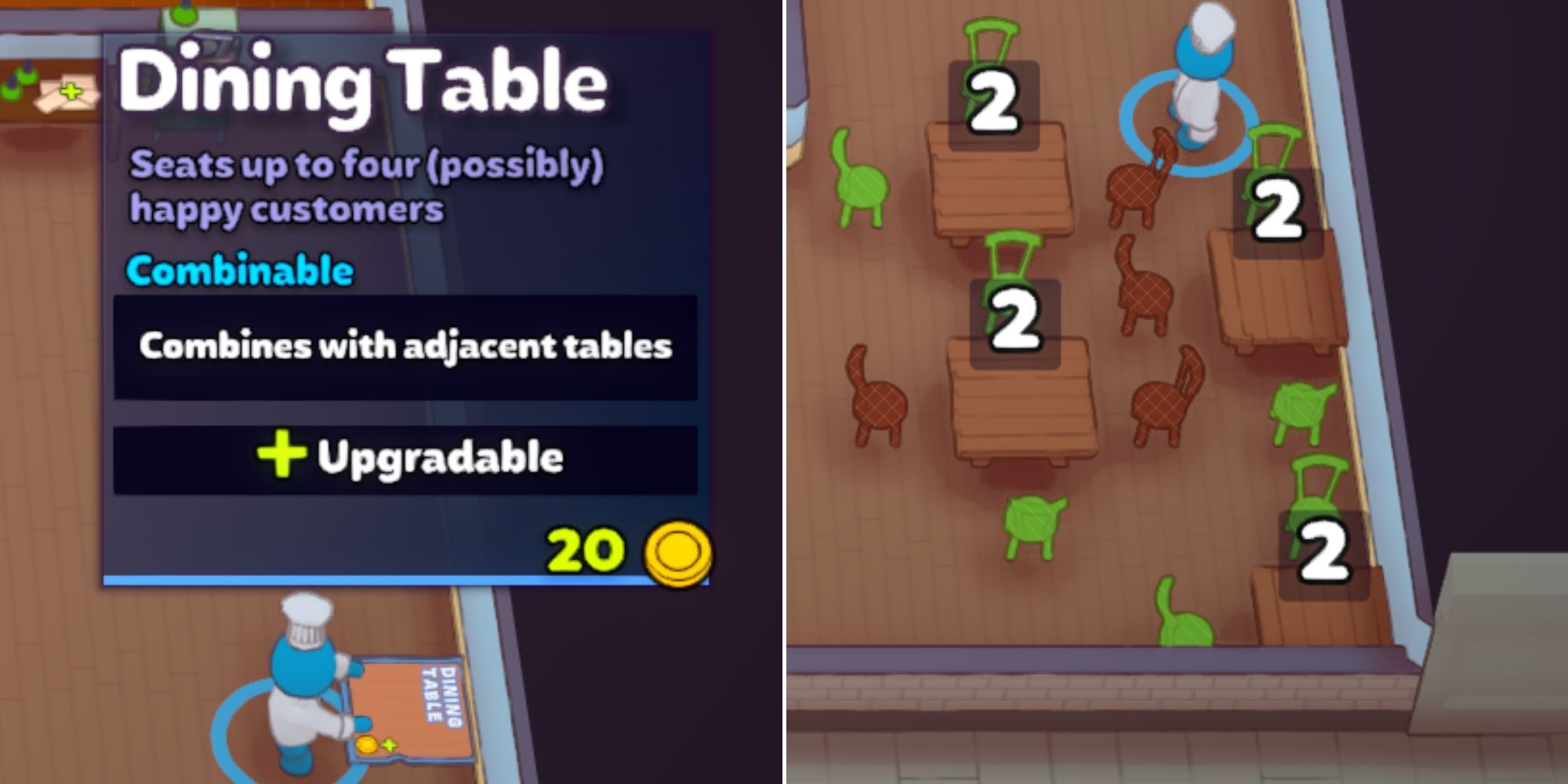A player placing down a dining table blueprint and a selection of tables and chairs together with some chairs deactivated in PlateUp