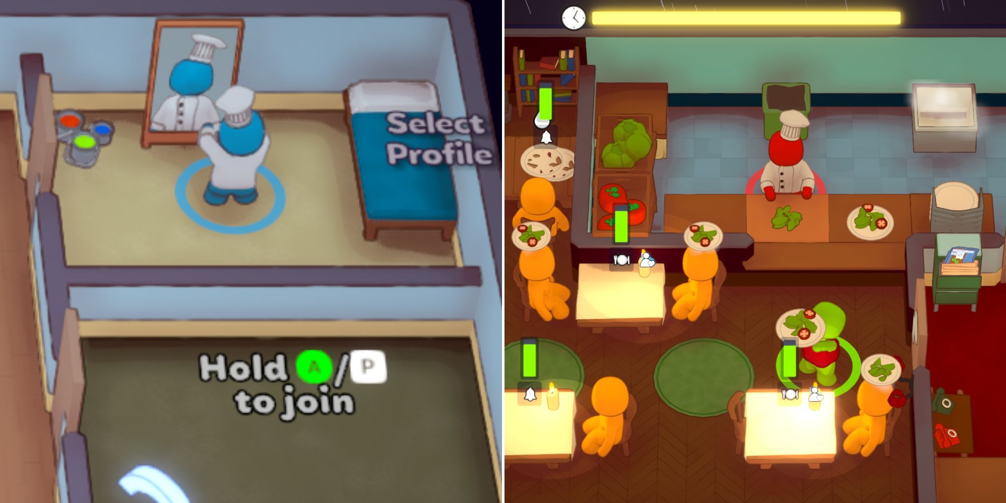 A player picking their chef uniform in the lobby and multiple players working together to serve salad in the restaurant in PlateUp