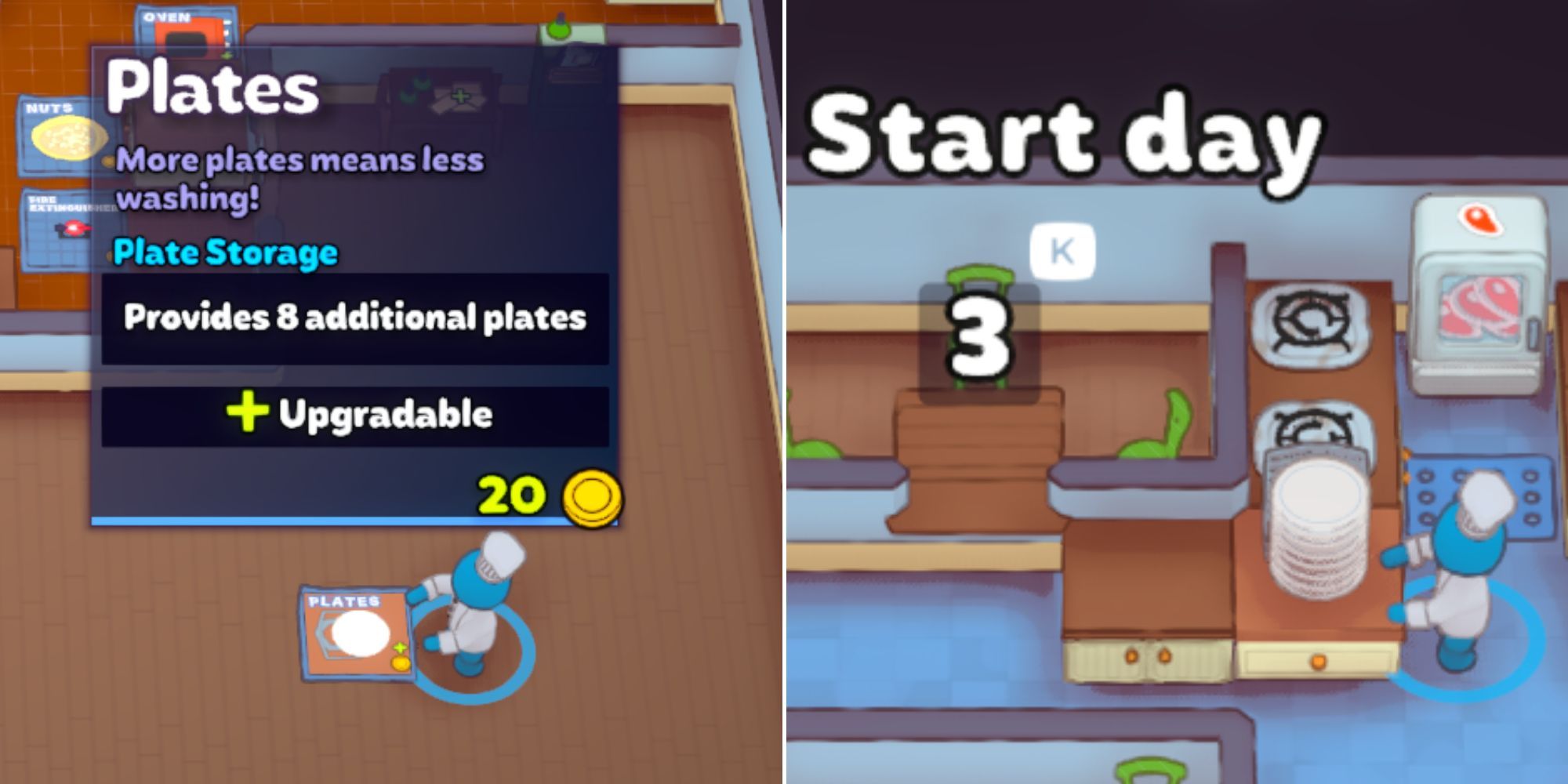 The details for the Plates Blueprint and a player standing next to the plate stack in PlateUp