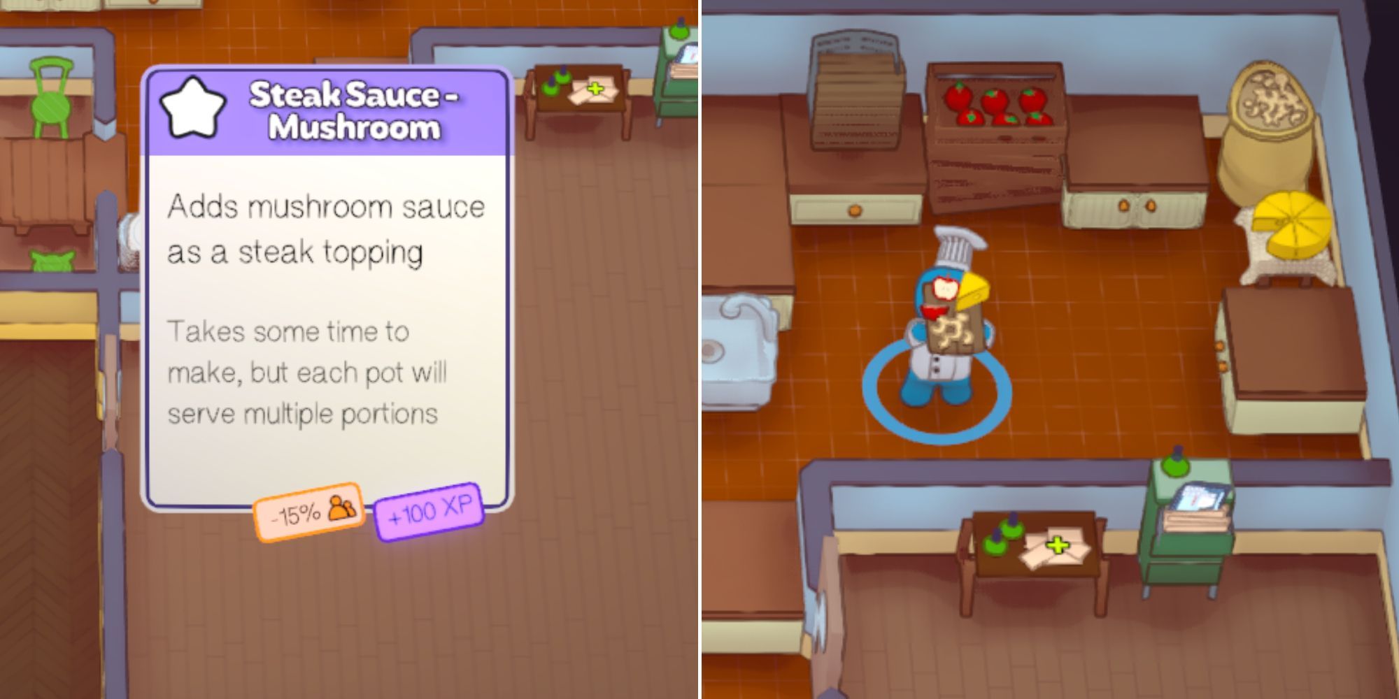 The Mushroom Steak Sauce card details and a player holding a cheese board in the prep area in PlateUp