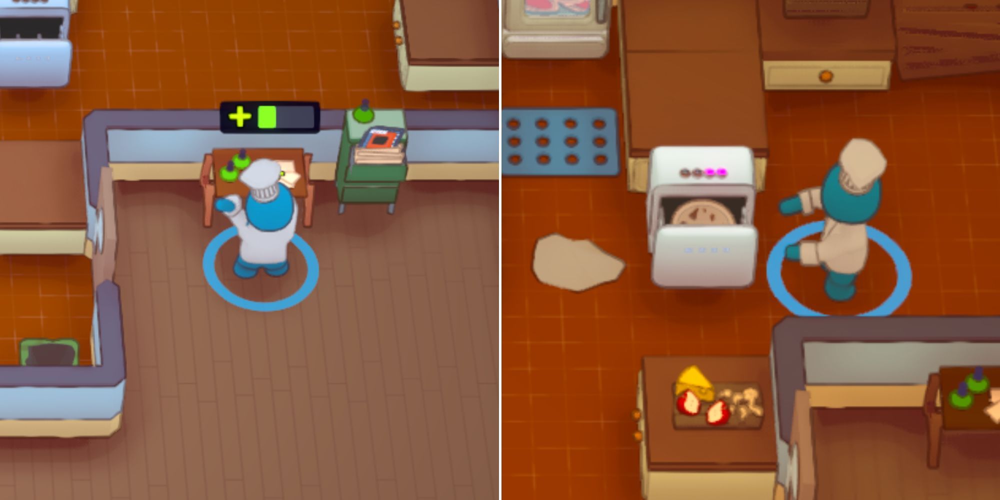 A player using the research desk to update a blueprint and a player stacking dishes into a dishwasher in PlateUp