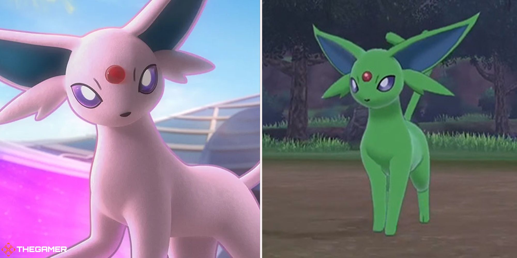 A split image of an Espeon in Pokemon Unite on the left and a shiny Espeon on the right.
