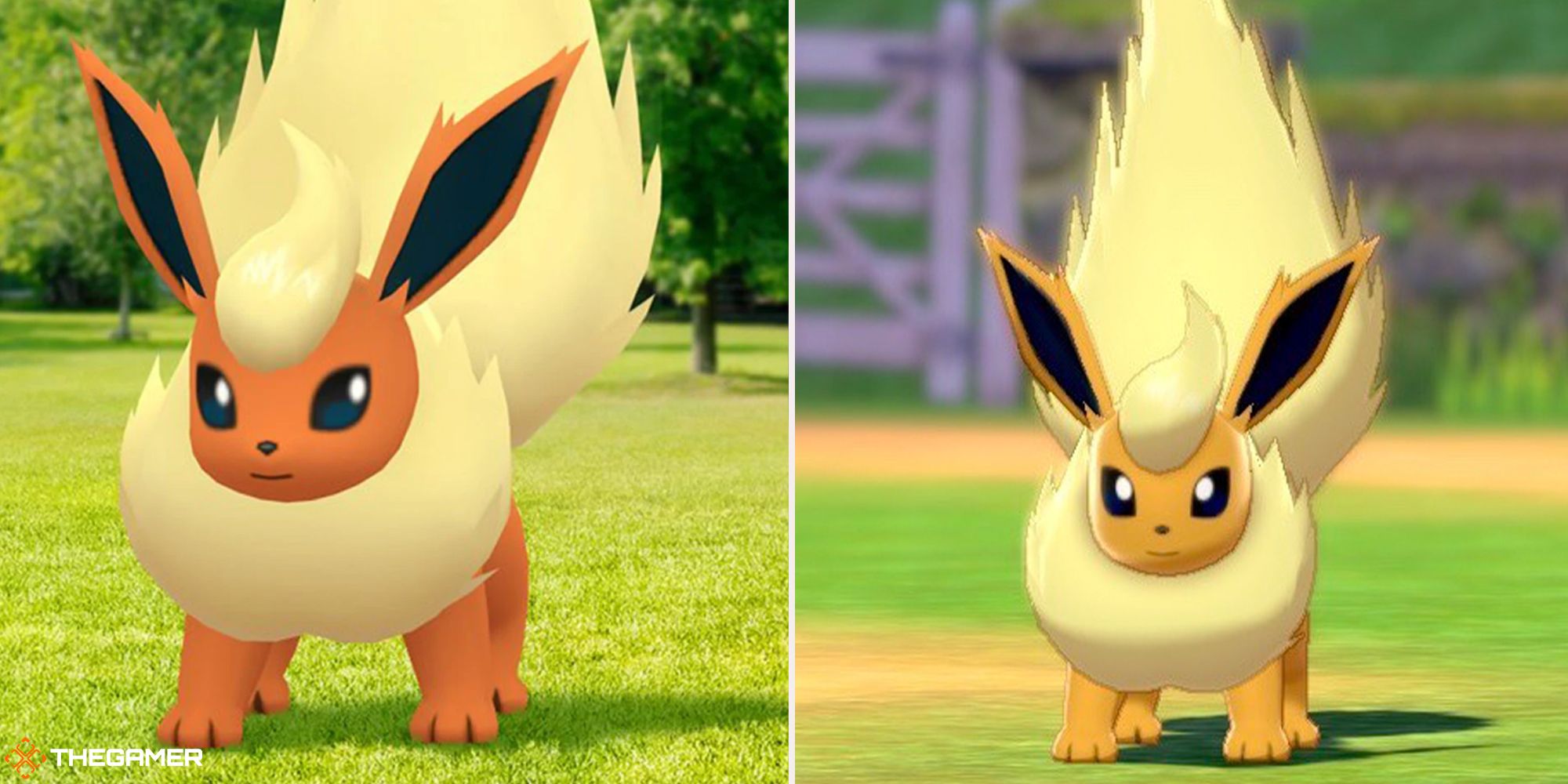 A split image of Flareon in Pokemon Go on the left and a shiny Flareon on the right. 