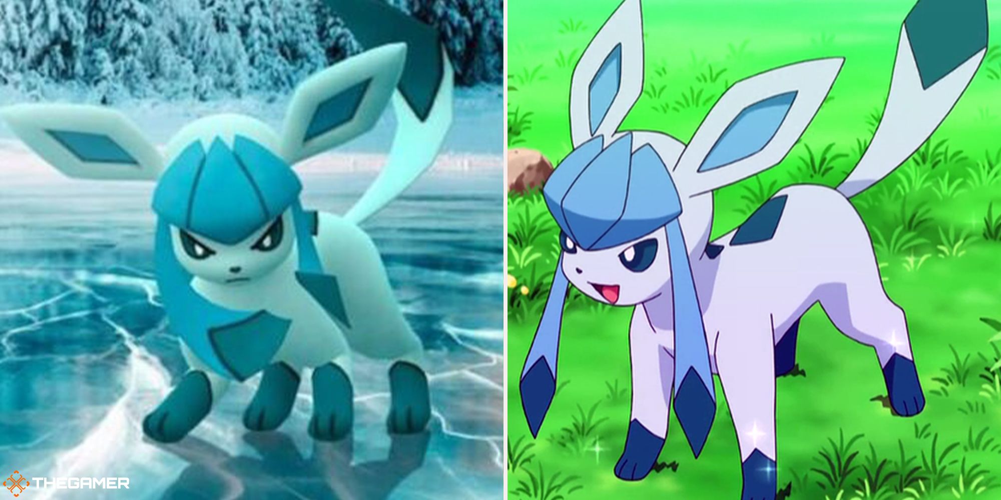 A split image of a shiny Glaceon in the Pokemon anime on the right and a normal Glaceon on the left.