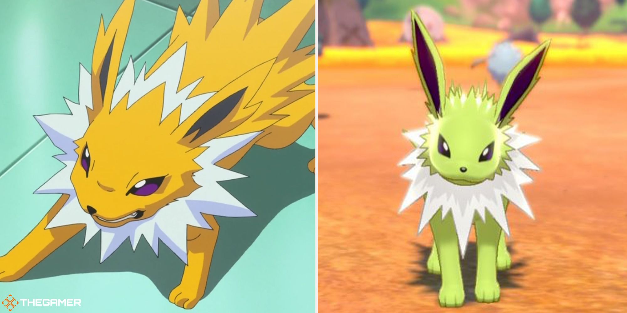 A split image of Jolteon in the Pokemon anime on the left and shiny Jolteon on the right.