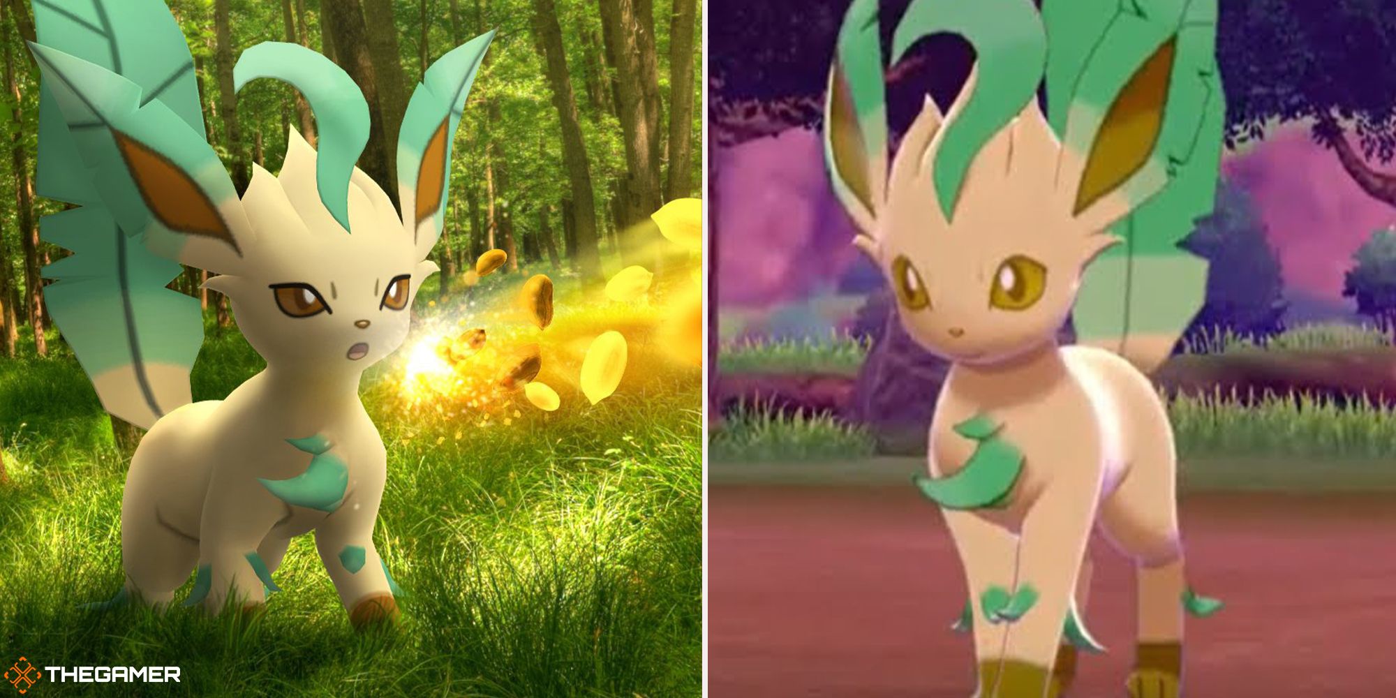 A split image of Leafeon in Pokemon Go on the left, and shiny Leafeon on the right.