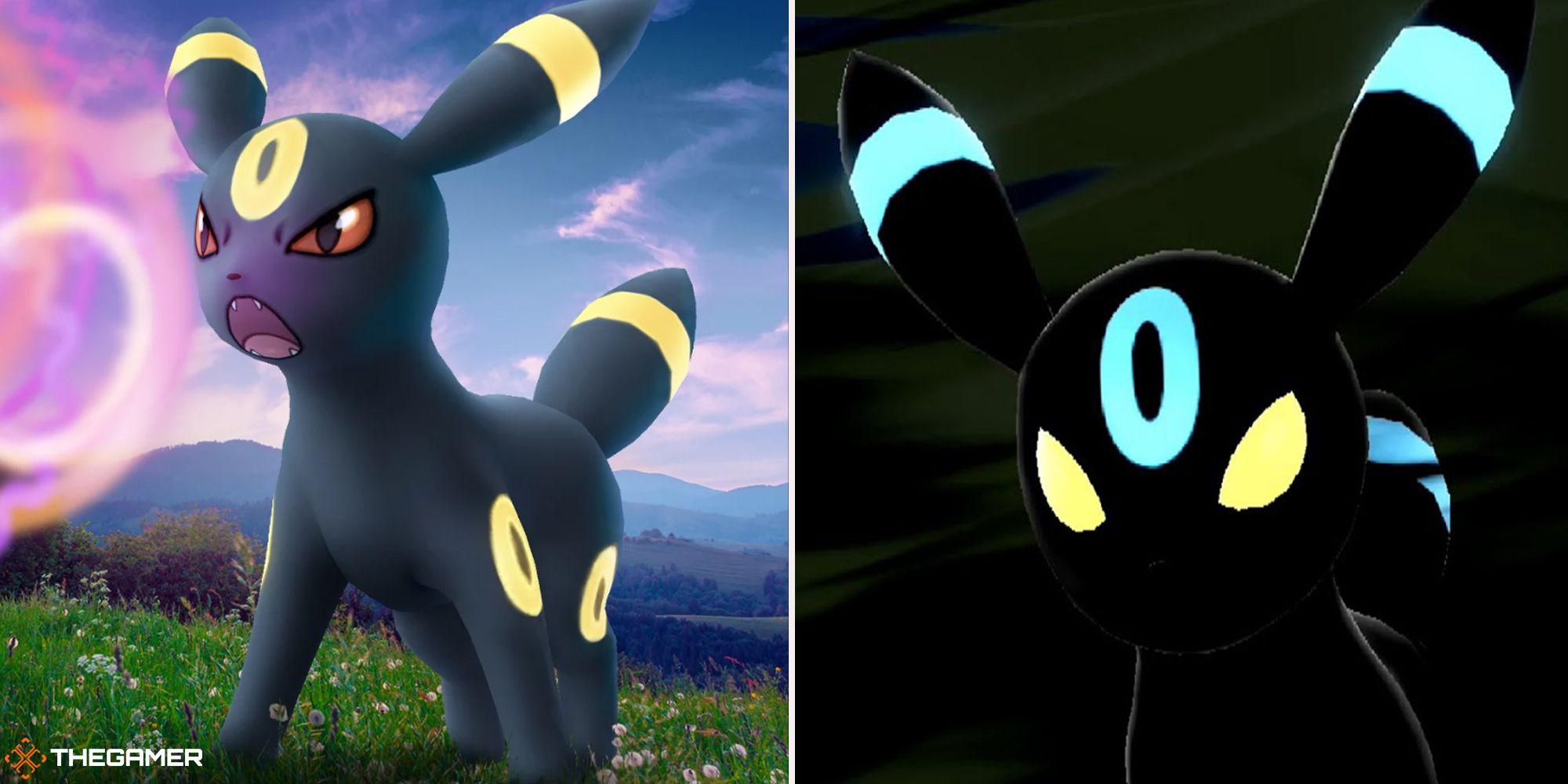 Shiny Umbreon's silhouette on the right with a regular Umbreon growling on the left.