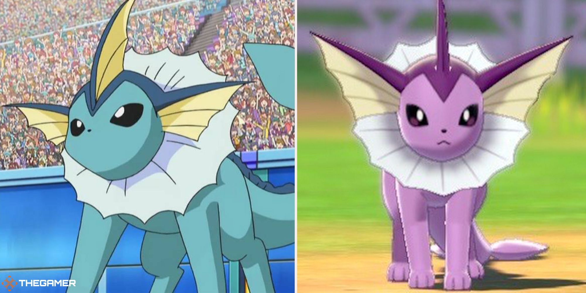 A split image of Vaporeon in the Pokemon anime on the left and shiny Vaporeon on the right.
