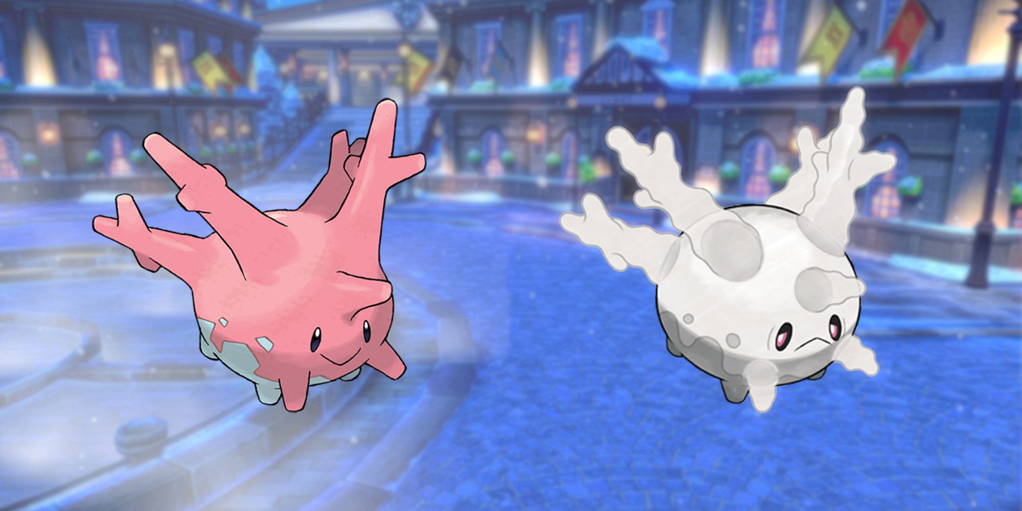 Pokemon Corsola and Alolan Corsola side by side