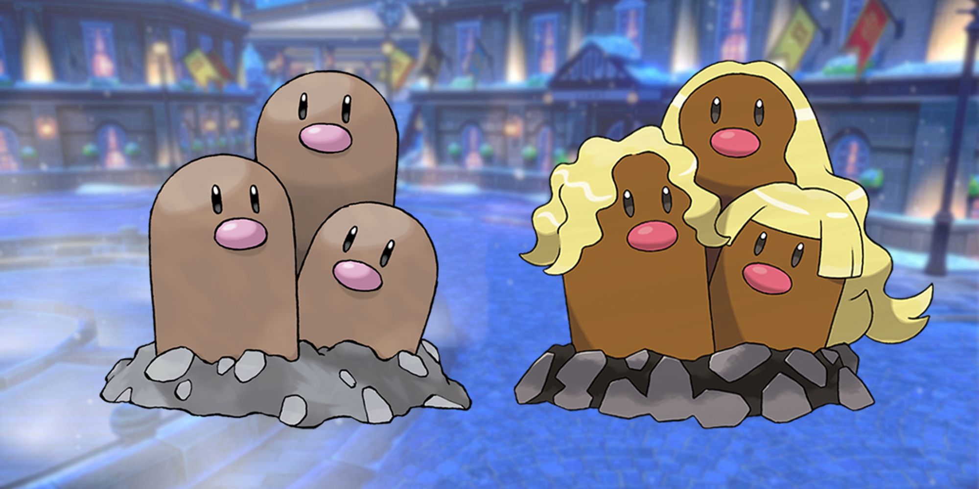 Pokemon Dugtrio and Alolan Dugtrio side by side
