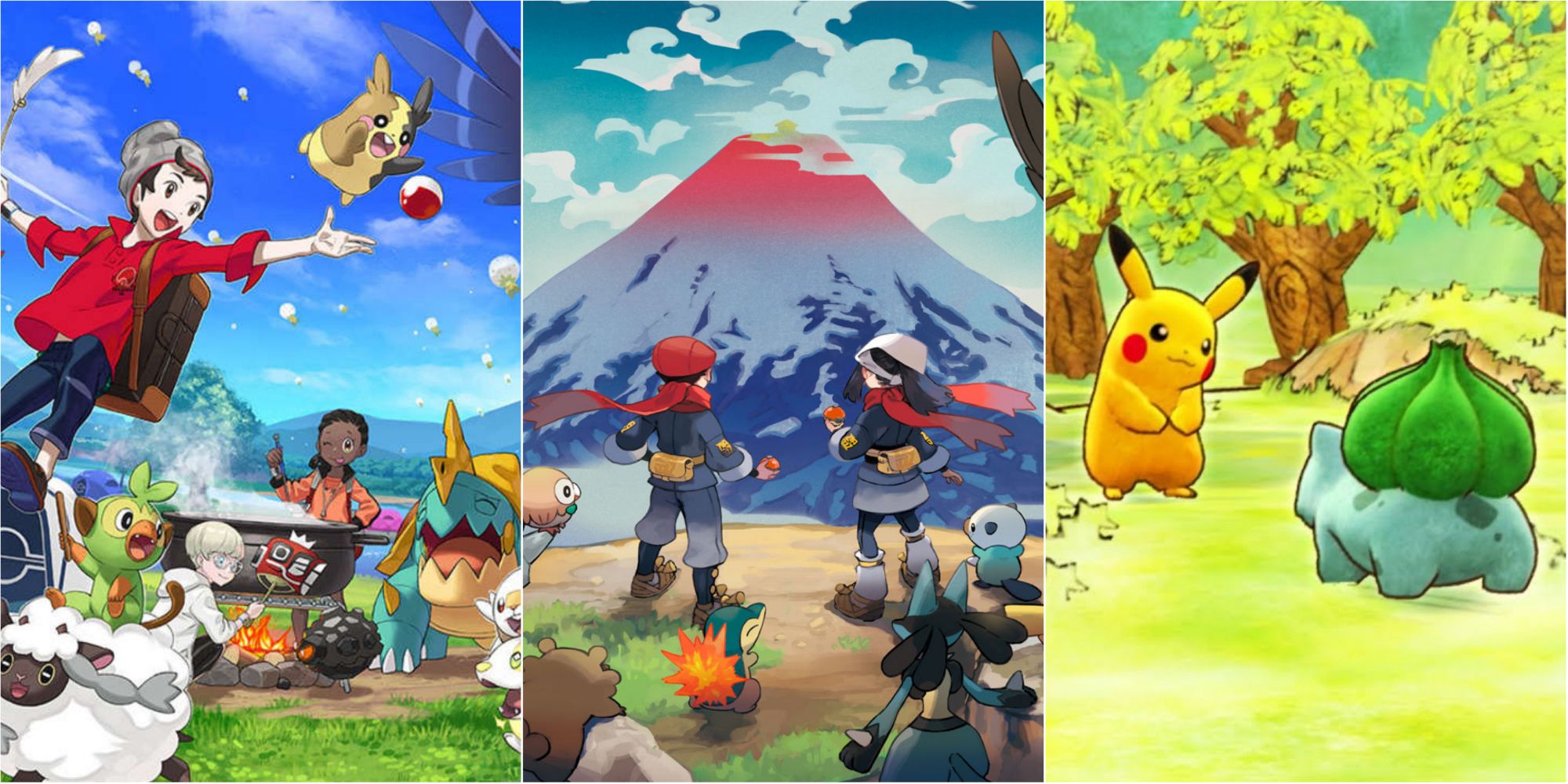 Split images of Pokemon Sword and Shield official art, Pokemon: Legends Arceus official art, and a screenshot if Pikachu and Bulbasaur from Pokemon Mystery Dungeon Rescue Team DX.