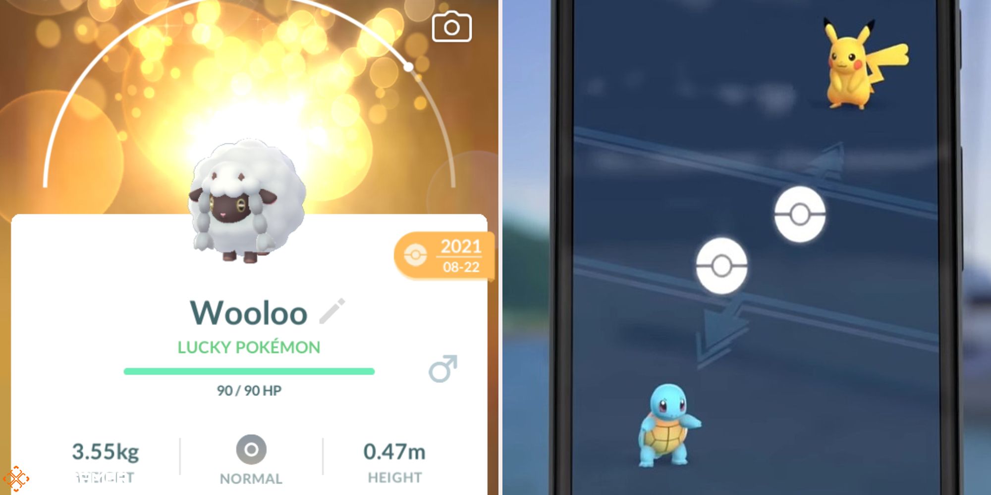 Pokemon Go - lucky wooloo (left), trade occuring on a phone (right)