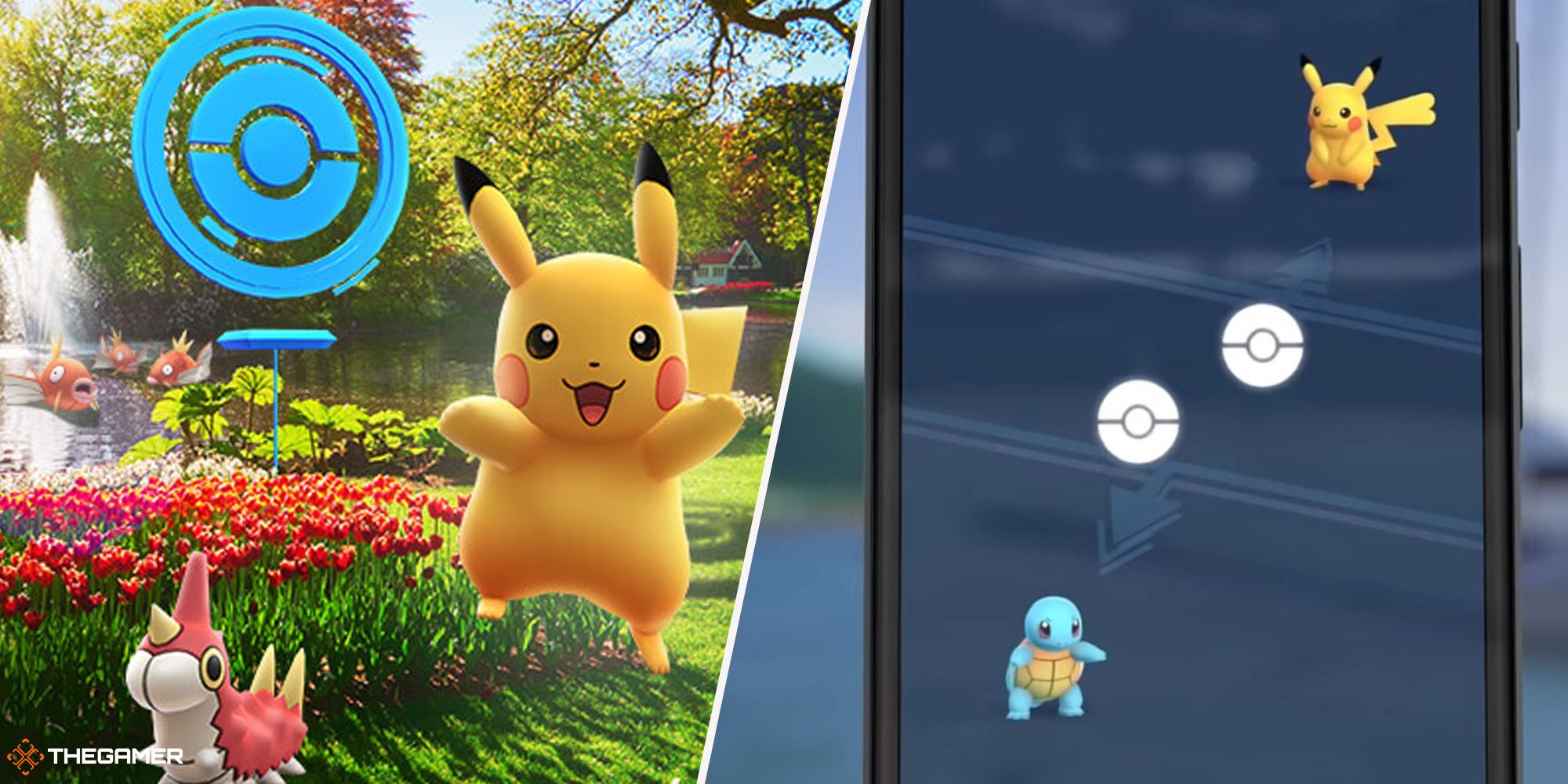 Pokemon Go - Pikachi, Wurmple and a Poke Stop on the left, the trade screen showing Pikachu and Squirtle on the right.