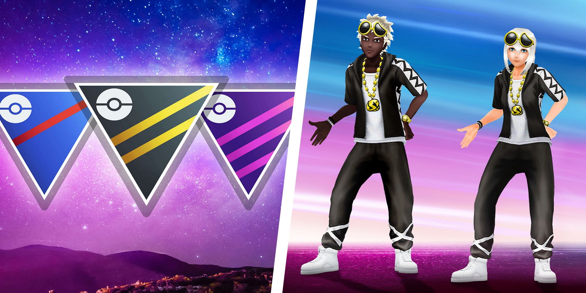 Great, Ultra, and Master League symbols split with an image of avatars wearing Season of Light cosmetics