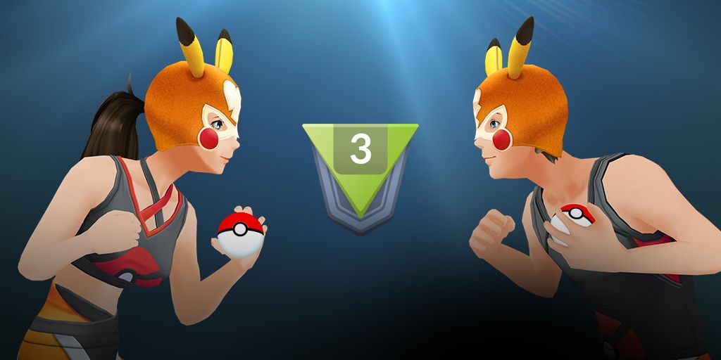 Two Pokemon Go Trainers facing eachother wearing Pikachu Libre cosmetics