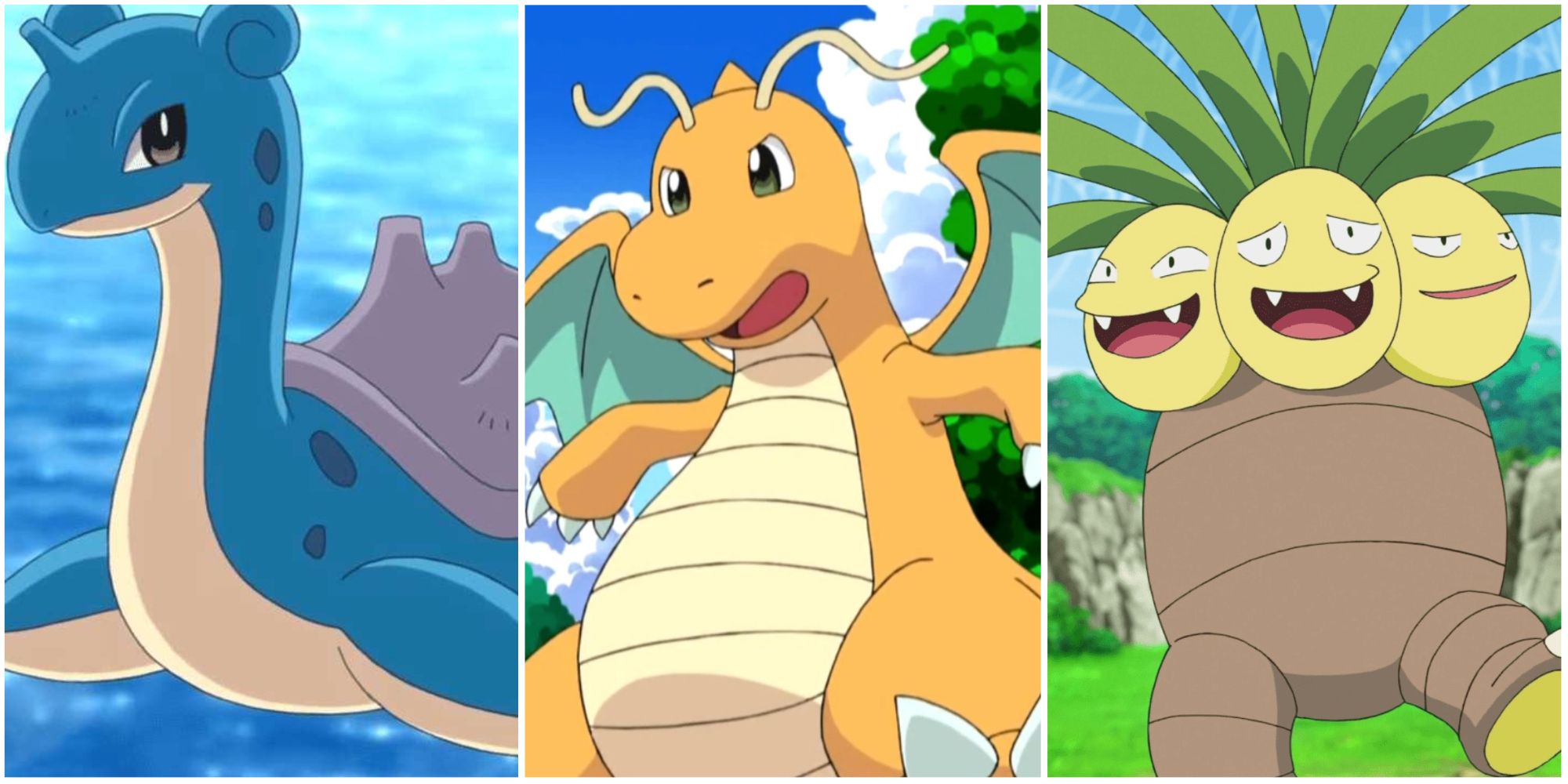 Pokemon Masters EX Best Eggmons: Lapras, Dragonite, and Exeggutor.