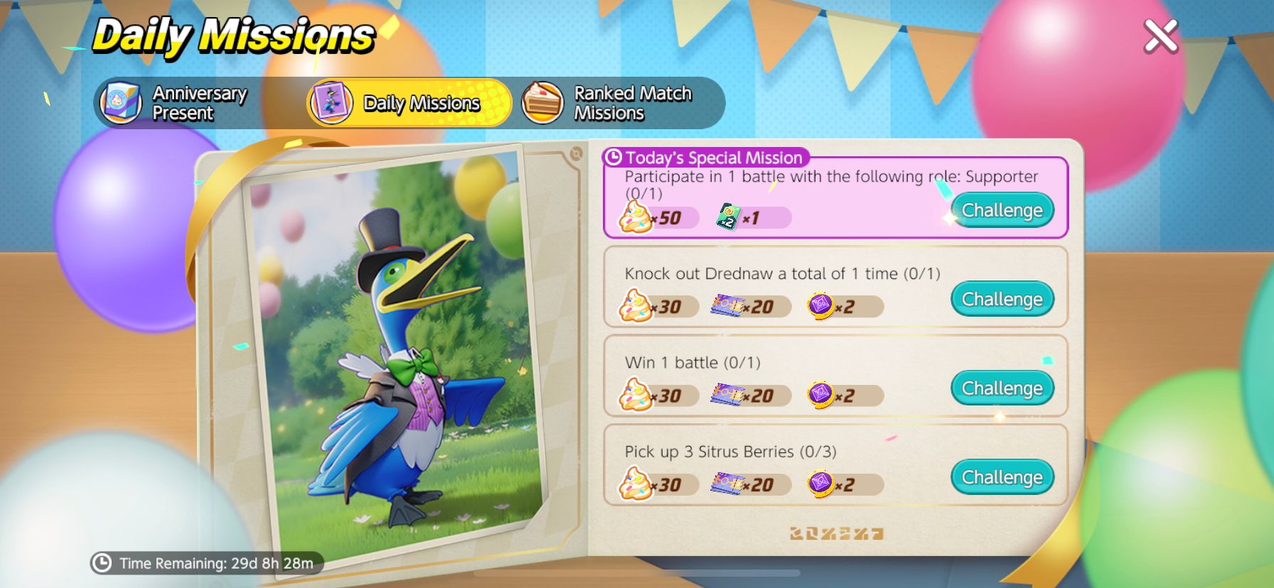 Anniversary Cake Challenge Daily Missions page from Pokemon Unite
