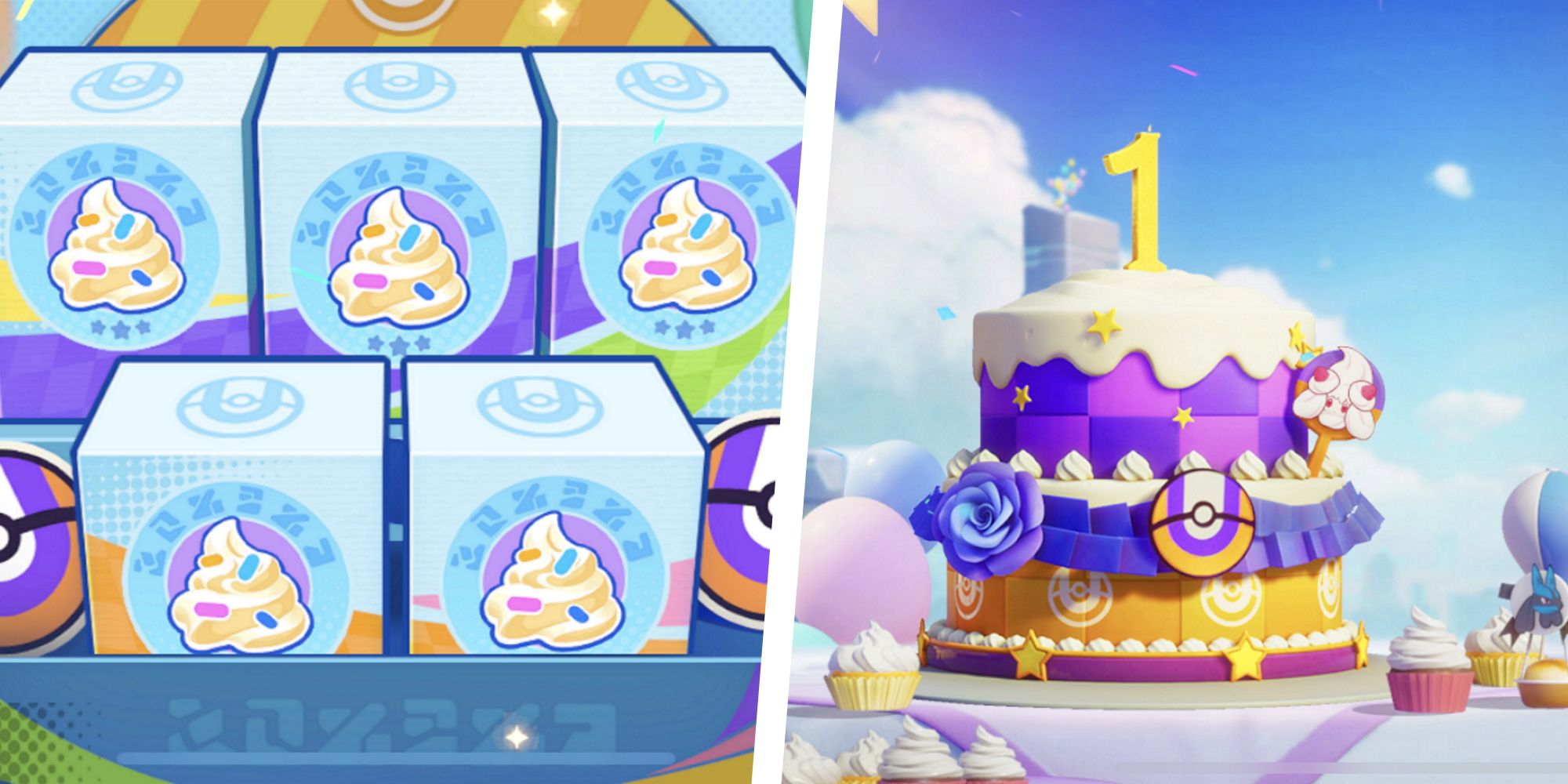 Anniversary Present Boxes split with an image of the Pokemon Unite 1st Anniversary Cake
