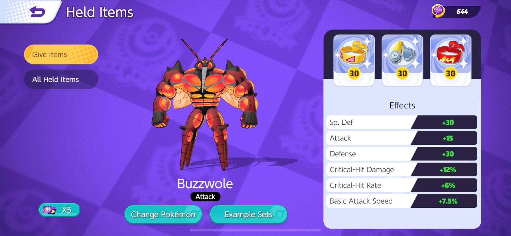 Buzzwole Held Item selection screen, with Muscle Band, Scope Lens, and Focus Band Selected
