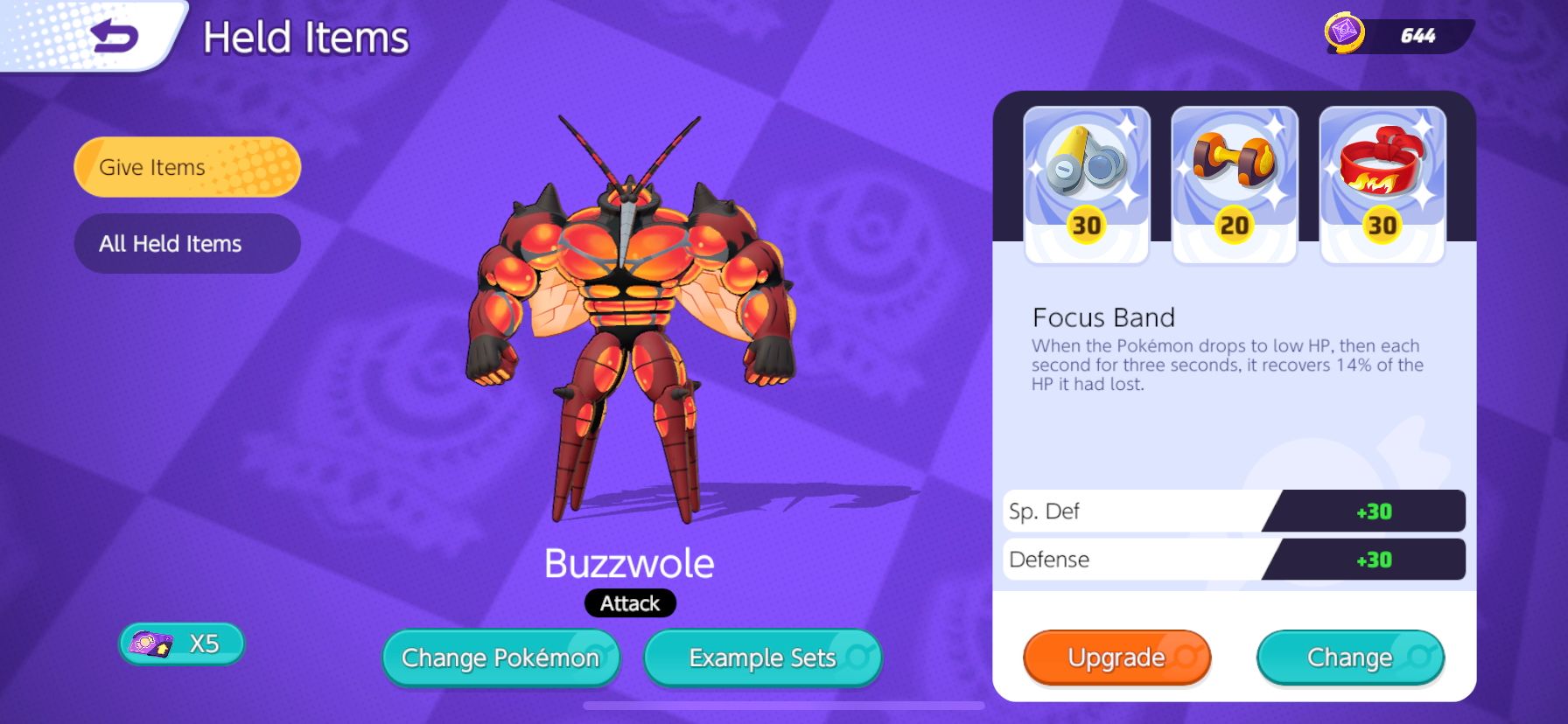 Buzzwole Held Item selection screen from Pokemon Unite, with Scope Lens, Attack Weight, and Focus Band selected