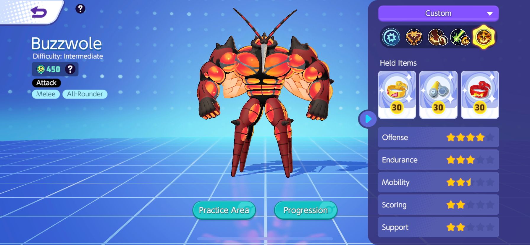 Buzzwole' stat screen from Pokemon Unite, showing moves, Held Items, and stats