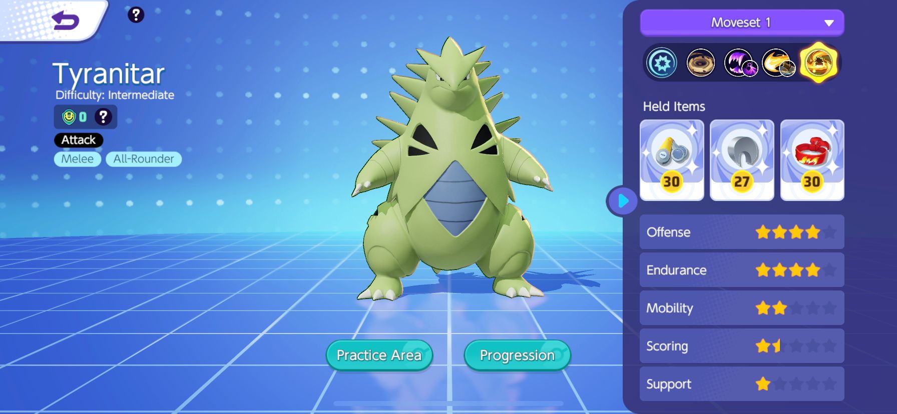 Tyranitar in the Pokemon selection screen with its different stats and Held Items shown