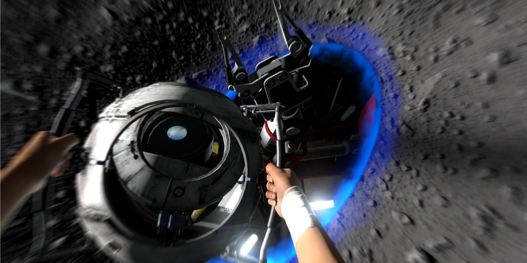 Chell holding Wheatley as they travel through a portal on the moon in Portal 2