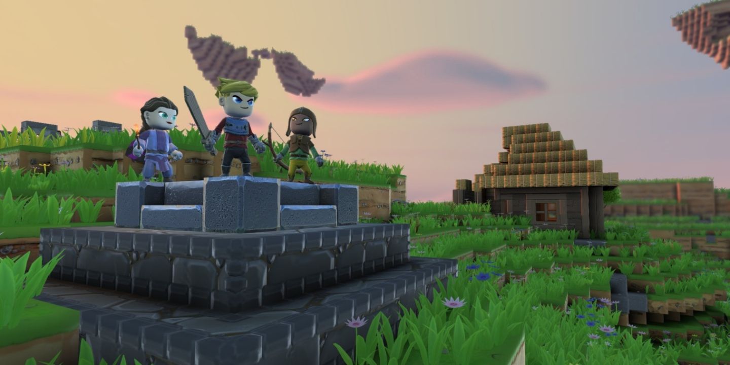 A mage, warrior and a ranger standing on a teleport platform in front of a house in Portal Knights