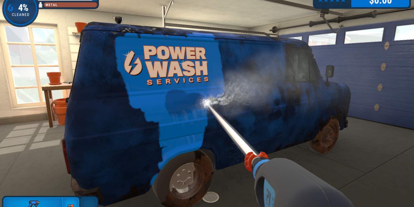 Cleaning a dirty van with a jet washer in PowerWash Simulator