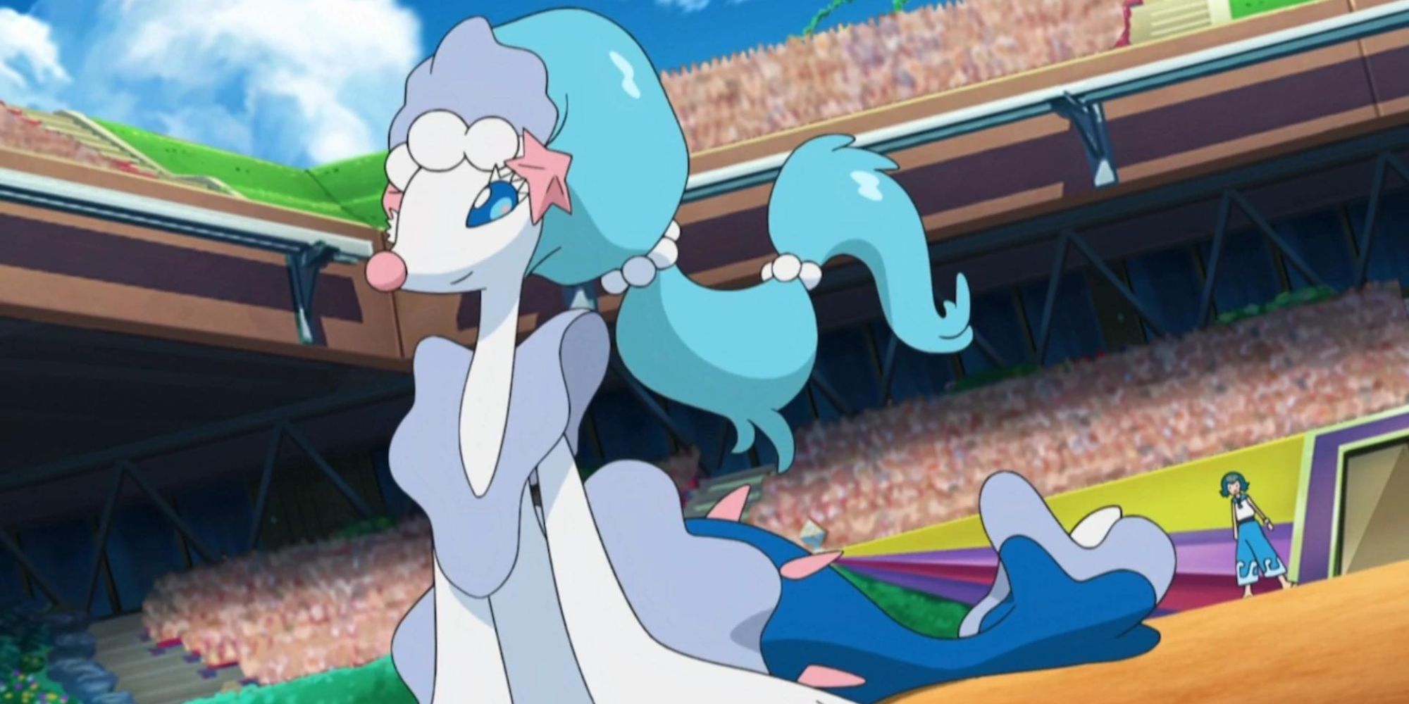 Primarina prepares for battle in a crowded stadium