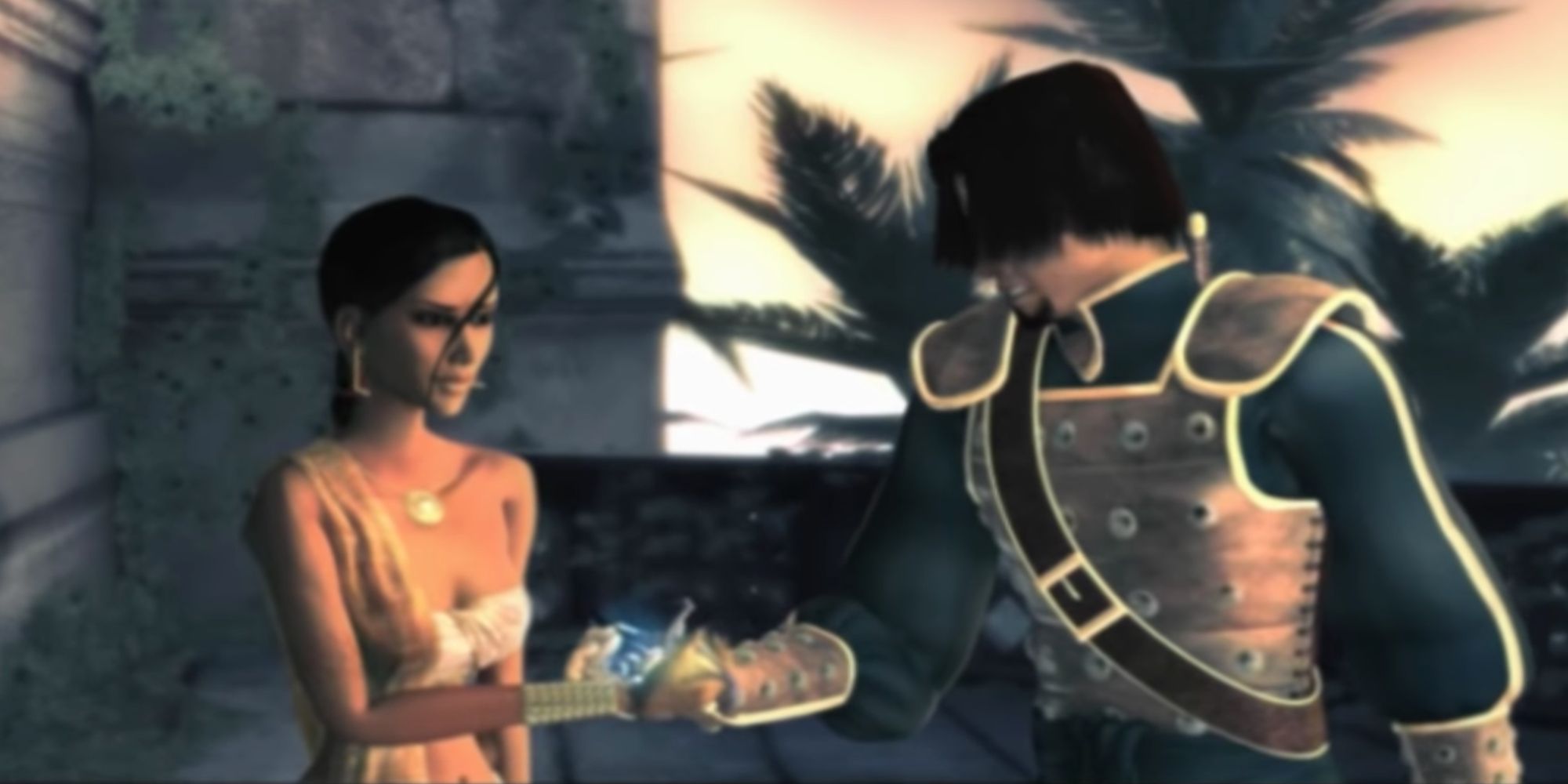The Prince handing Farah the dagger of time in the end of Prince of Persia: The Sands of Time