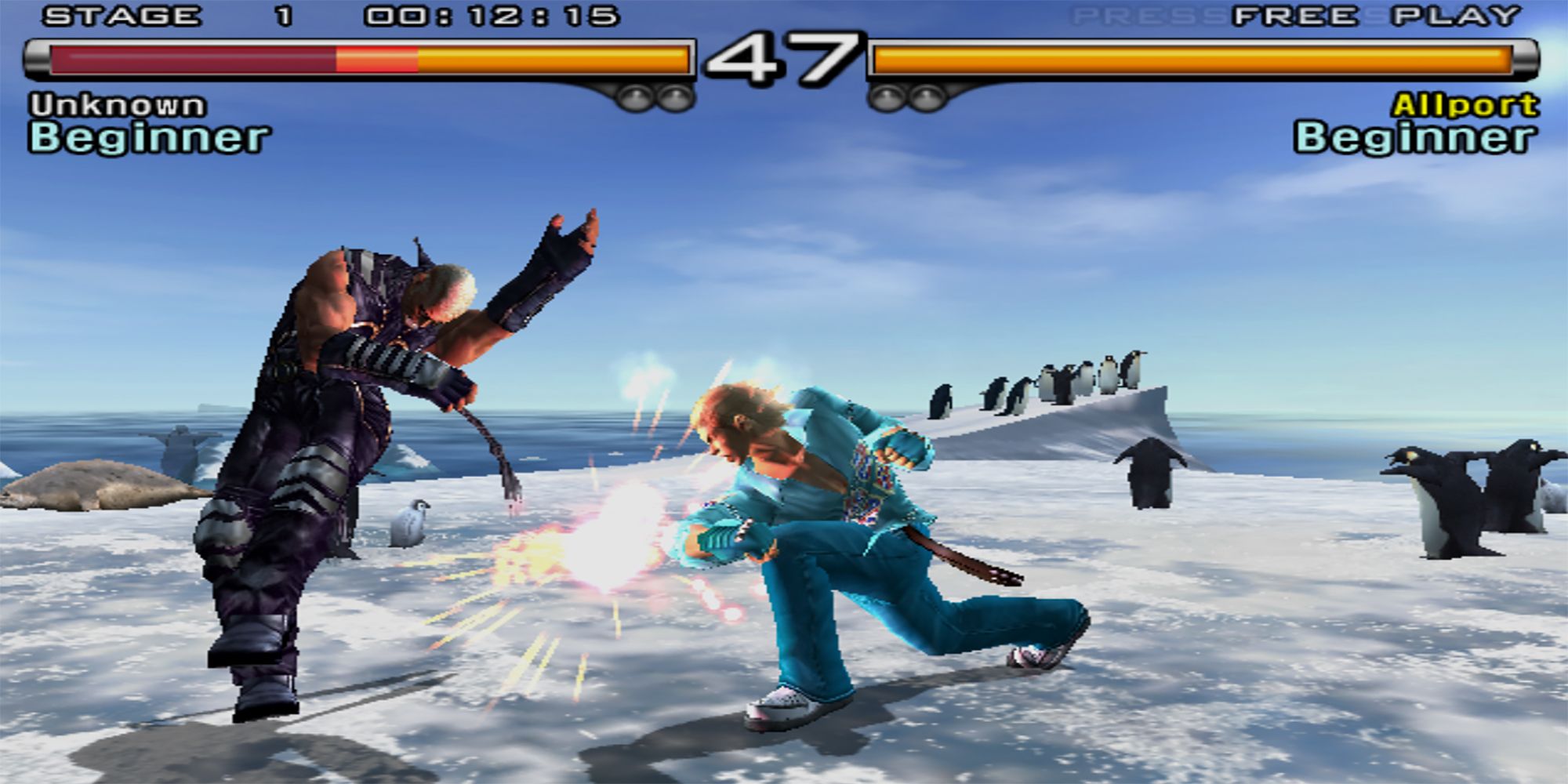 Steve punches Raven during a battle on a polar ice cap in Tekken 5.