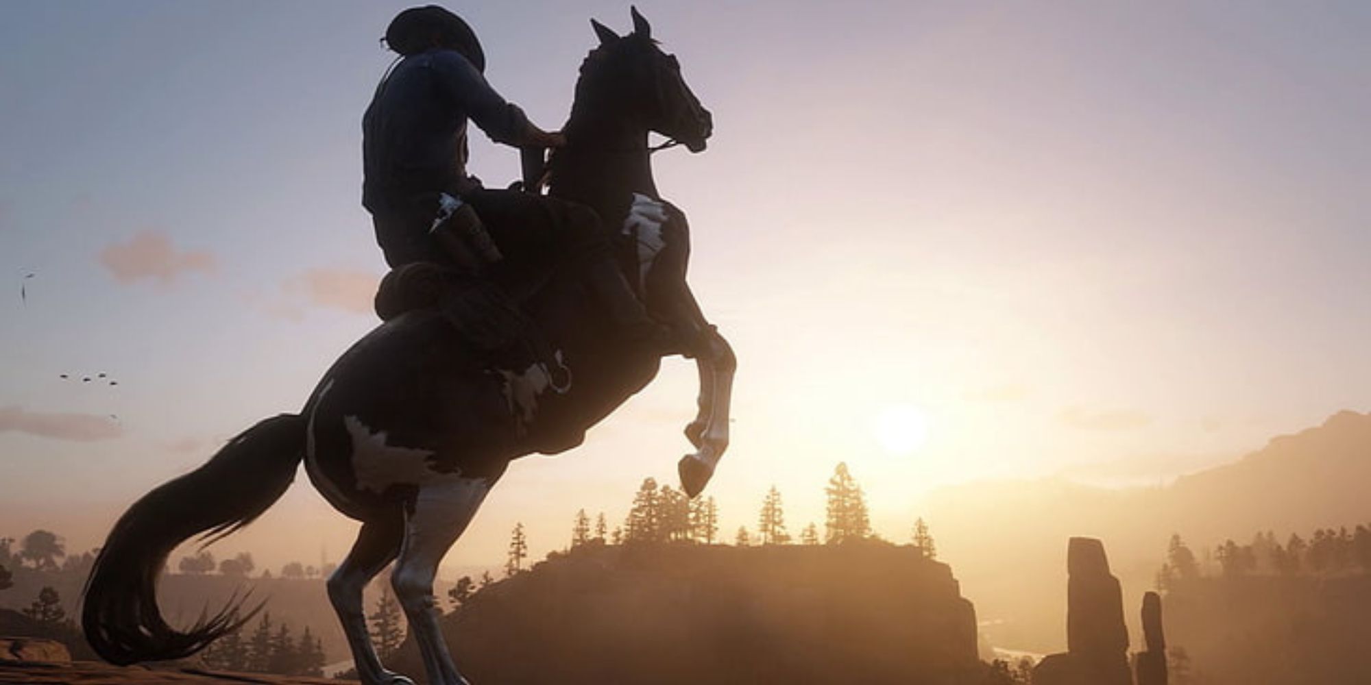 A horse stands on its hind legs with a cowboy on its back in red dead redemption 2