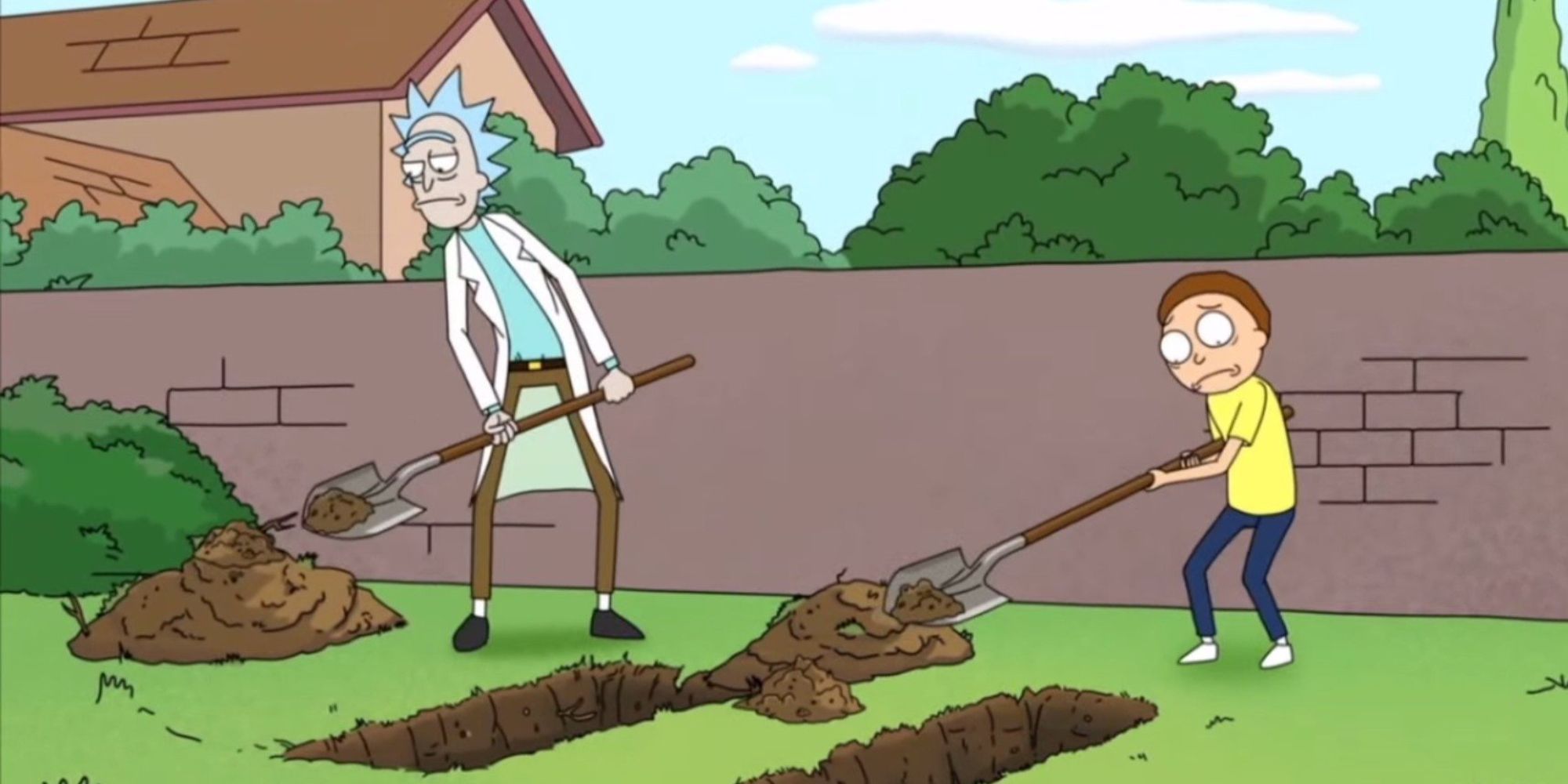Rick and Morty digging graves in the back garden
