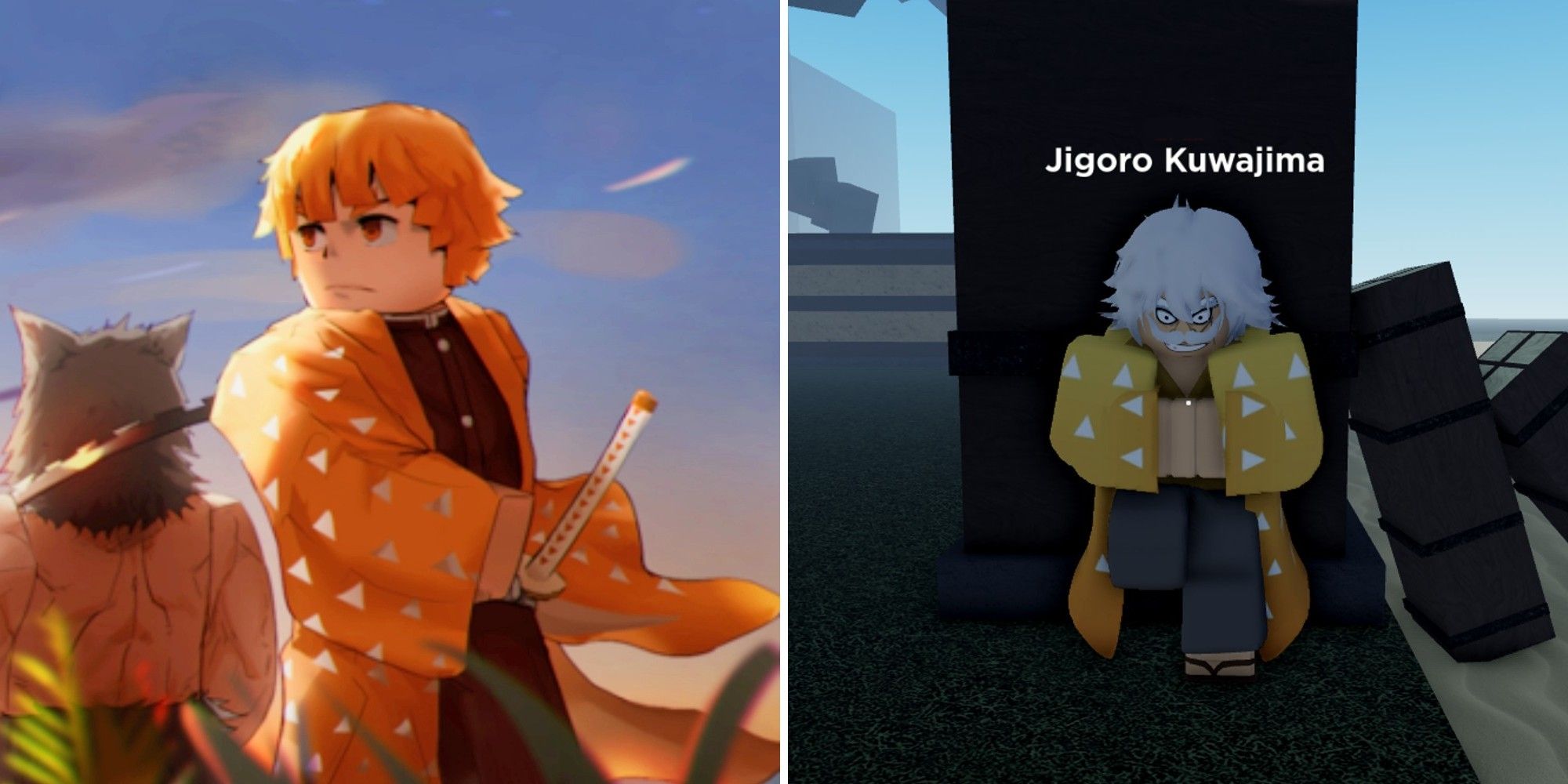 Roblox Project Slayers Thunder Breathing Zenitsu Agatsuma on the left and Jigoro Kuwajima on the right