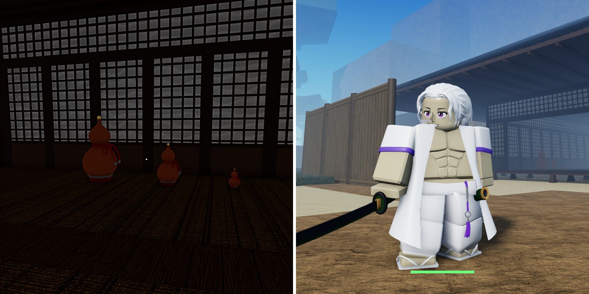 Roblox Project Slayers Total Concentration Breathing Breathing Gourds on the left and Custom Character on the right