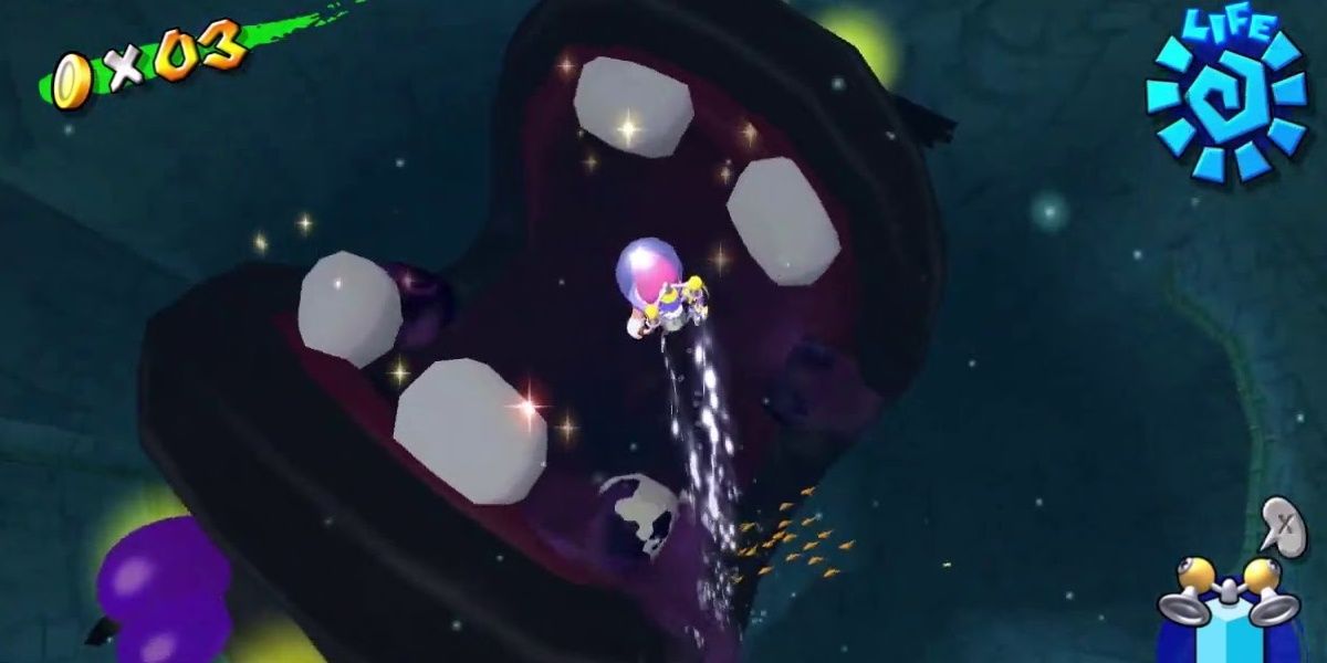 Super Mario Sunshine Eely Mouth opens its maw to swallow Mario.
