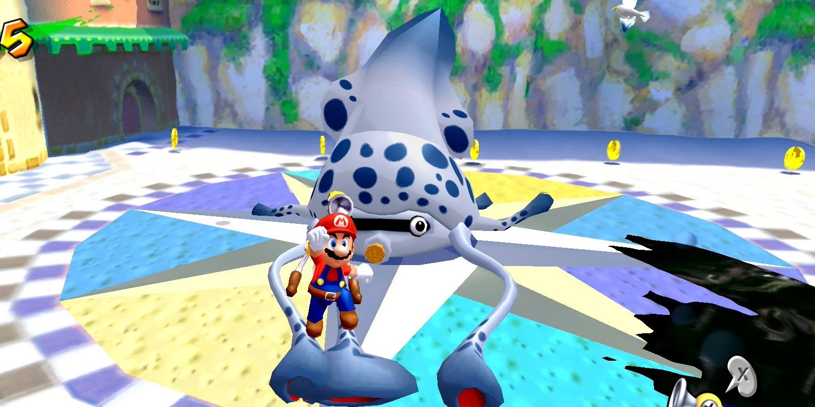 Super Mario Sunshine Gooper Blooper partially beaten by Mario.