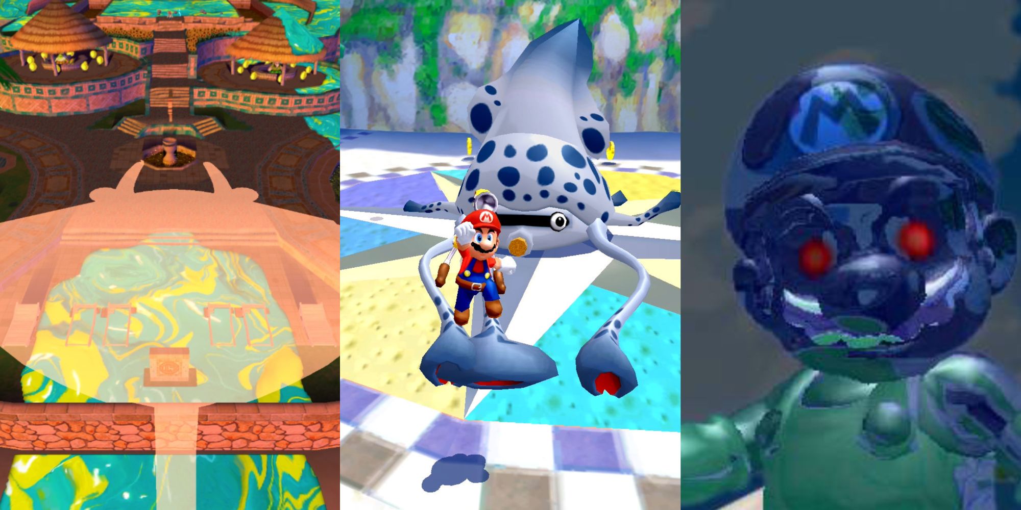Super Mario Sunshine Hardest Bosses: Phantamanta, Gooper Blooper, and Shadow Mario.