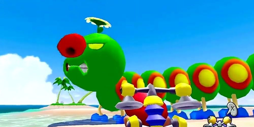 Super Mario Sunshine Wiggler becomes enraged as Mario watches.