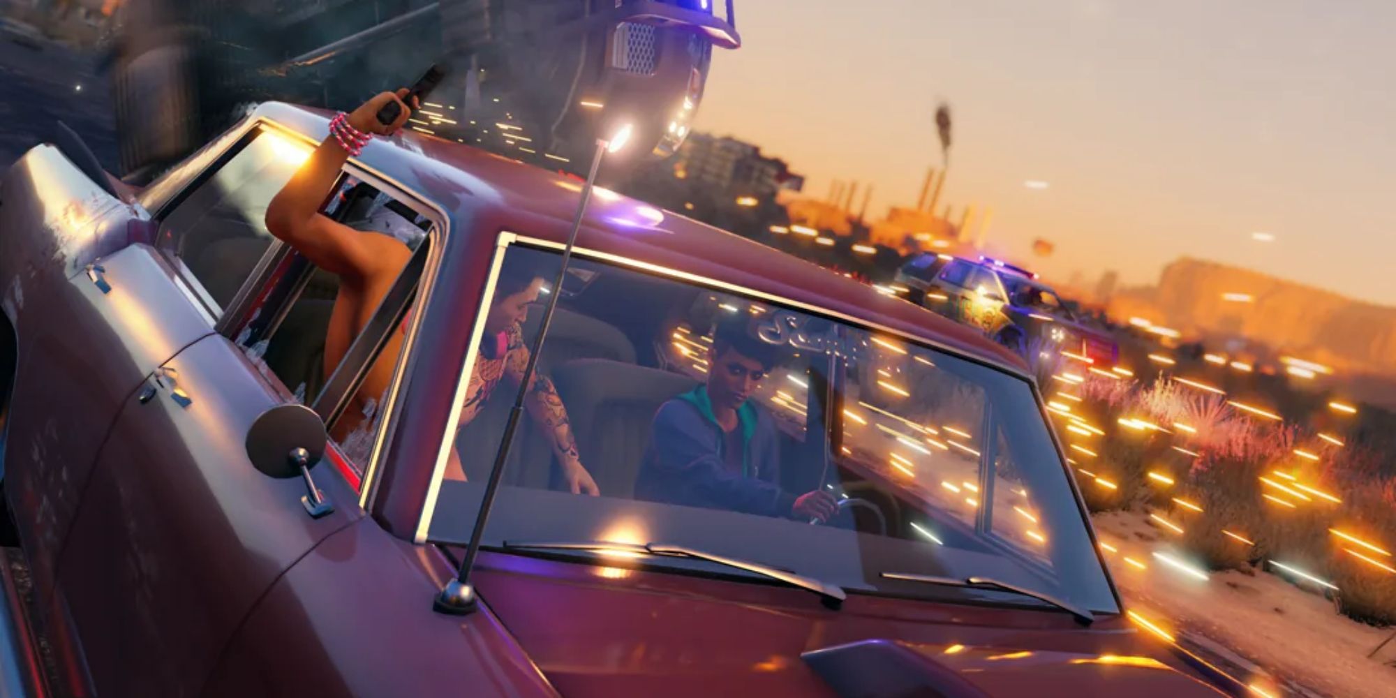 Saints Row Screenshot Of Boss and Kev riding away in a car from police and holding gun out of the car window.