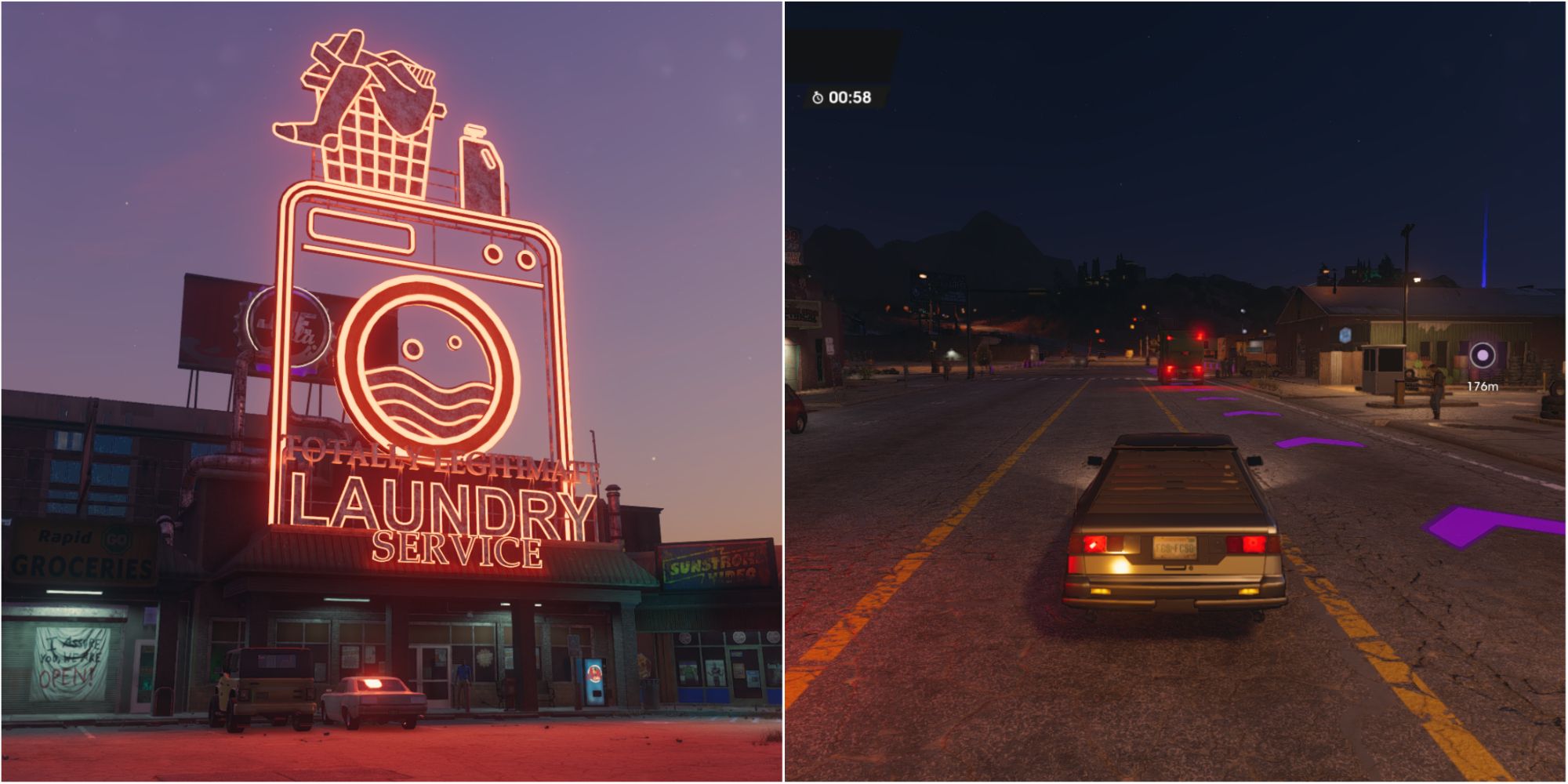 Saints Row Split Image Of Laundromat and Clean Up Crew