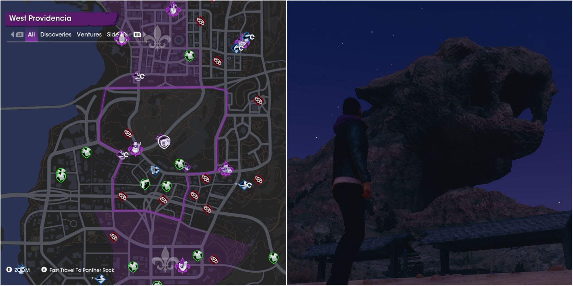 Saints Row Panther Rock Fast Travel Location Split Image 