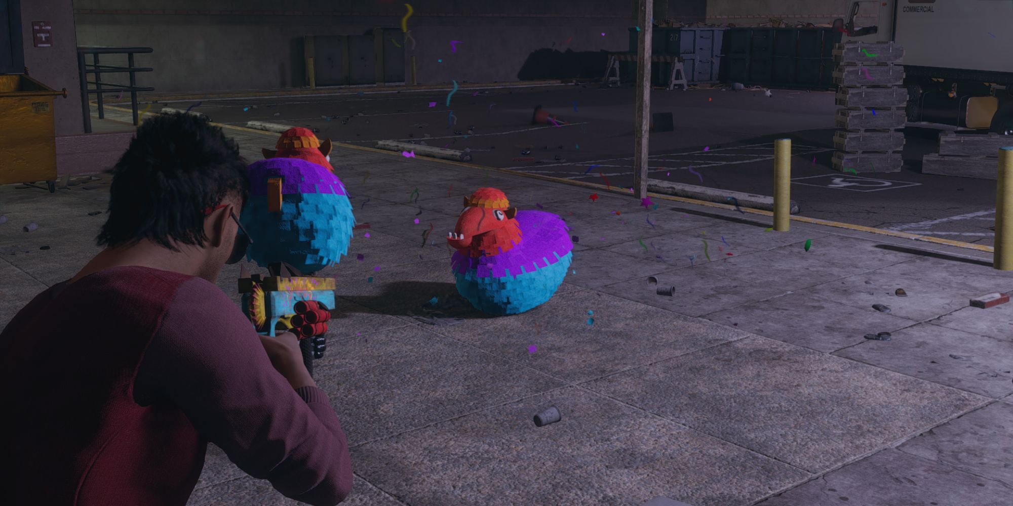 Saints Row Screenshot Of The Boss Using Pinata Launcher