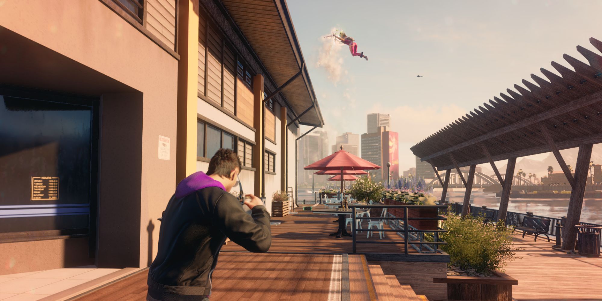 Saints Row Screenshot Of Enemy Flying Away Because Of Thrustbuster