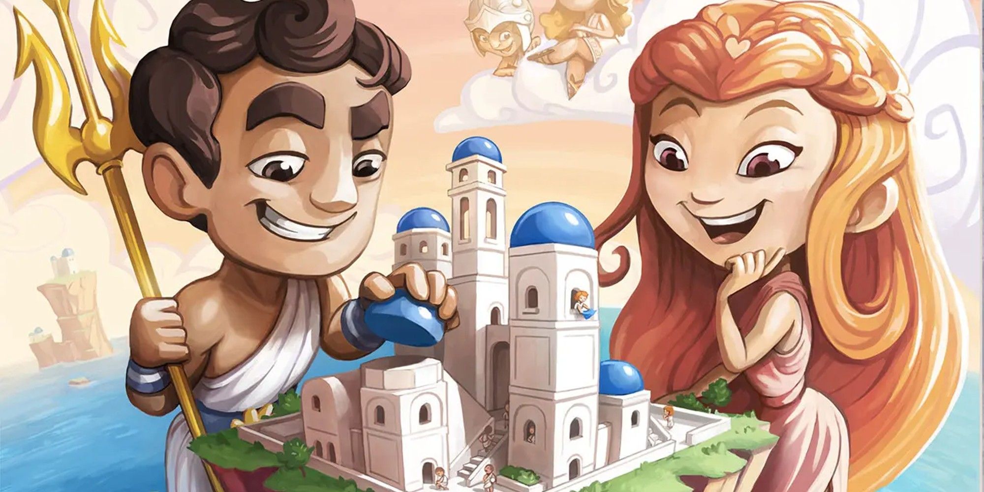 Santorini Board Game Box Art, two gods building a city