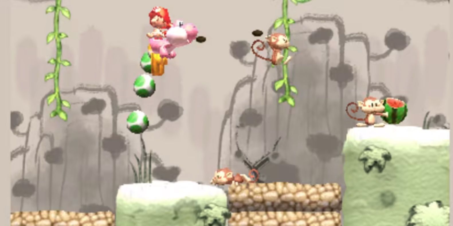 Pink Yoshi with Baby Mario jumping in Yoshi's New Island