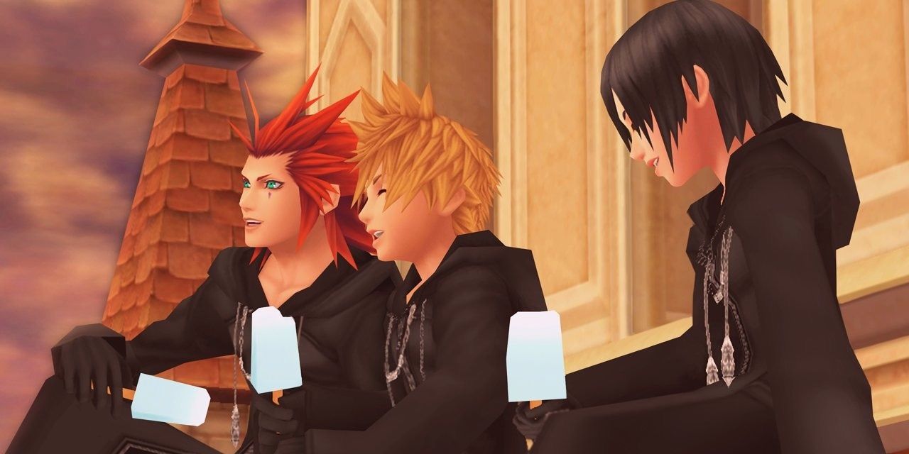 Axel, Roxas, and Xion eating sea salt ice cream in twilight town