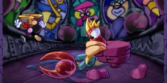 Rayman using a helicopter jump against the final boss in Rayman.